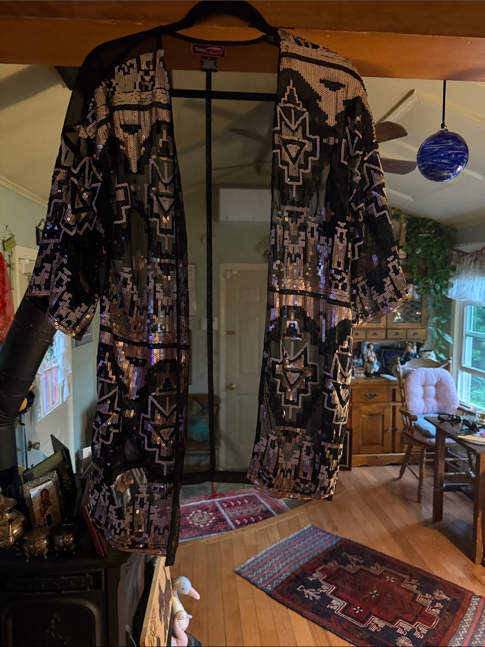Black Sequin Open-Front Kimono by Say What?